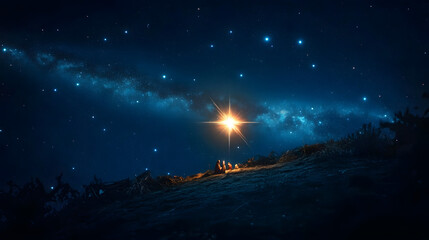 Bright shining Star of Bethlehem on dark blue starry night sky. Star of Jesus, Christmas Star. Nativity of Jesus Christ, birth of Jesus, Christmas Eve. Christian religion concept