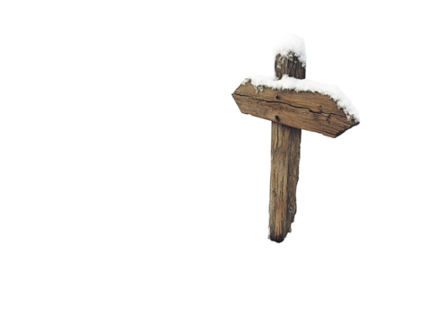 Wooden signpost arrow in snow available PNG on white background