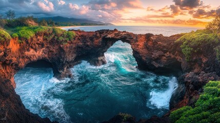 Ocean arch sunset tropical coast waves landscape travel