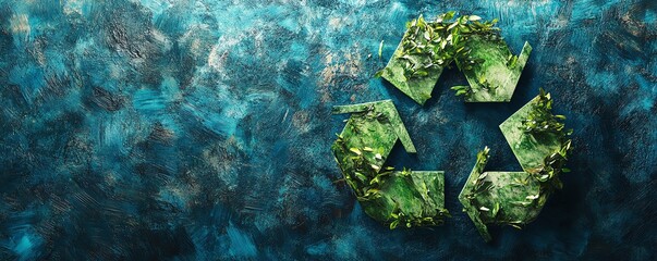 Ecofriendly recycling symbol on artistic textured background, greenery accents, blue tones, sustainable living, environmental conservation concept