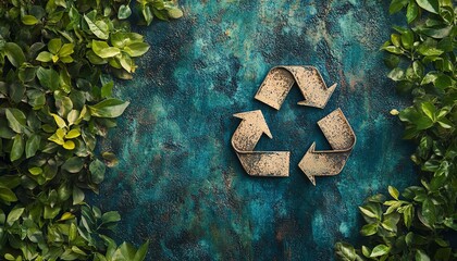 Ecofriendly recycling symbol on textured background with greenery and blue hues, promoting sustainability, environmental responsibility