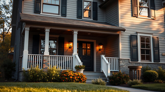 A two-story house with gray siding, white porch columns, and black shutters.  The front door is dark-colored, and there are lights illuminating the porch area.  Landscaping includes shrubs and flowers