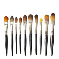 Fototapeta premium collection of ten paintbrushes arranged in a row. showcasing various shapes and sizes. each with a black handle and a metallic ferrule these tools are essential for artists. used for painting. blendin
