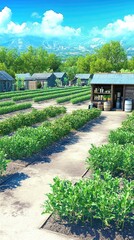 Fototapeta premium A vibrant farm scene with neatly arranged rows of plants and a rustic shed.