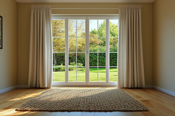 Bright interior with large glass doors, beige curtains, and a textured rug overlooking a green garden.