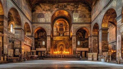 Fototapeta premium Interior of a grand historical church with arches, mosaics, and an altar.