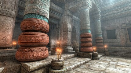 Fototapeta premium Ancient temple interior with intricately carved pillars and candles illuminating the space.