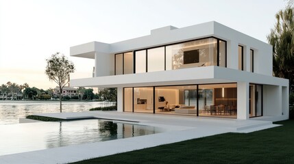 Modern home with sleek white walls, large glass windows, and views of a peaceful Spanish garden.