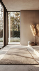Modern interior with large glass windows, textured rug, and decorative dried plants in natural sunlight.