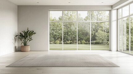 Modern minimalist living room with large windows, indoor plant, and neutral rug overlooking a green garden.