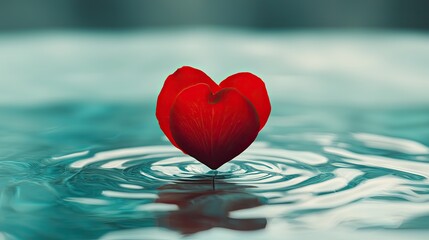 Floating Red Rose Petals in Calm Water Creating Heart Shape Reflection and Gentle Ripples