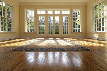 Bright living room with large windows, elegant rug, and wooden flooring illuminated by sunlight.