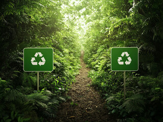 lush forest path with recycling signs promoting environmental awareness
