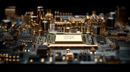 Golden CPU, circuit board, technology, dark background, innovation
