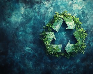 Recycling symbol on artistic background, greenery intertwined with blue tones, ecofriendly design, environmental sustainability, green solutions
