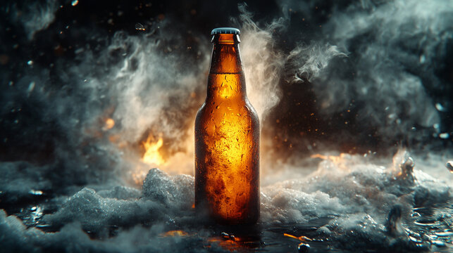 Stylish beer bottle in a dramatic smoky and fiery atmosphere