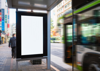 Mock up Billboard Banner at Bus stop Blank white Media advertisement outdoor City street 