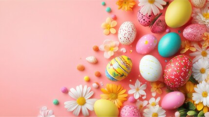 Colorful Easter eggs and flowers on a pink background