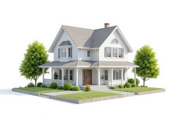 Two story white house with gray roof and landscaping