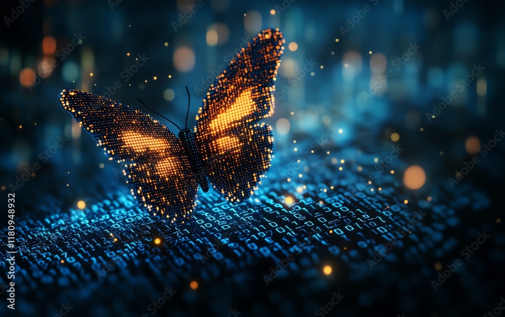 Poster Hyperrealistic digital transformation concept, pixelated butterfly flying out of binary code, symbolizing the evolution of technology and business, futuristic aesthetic