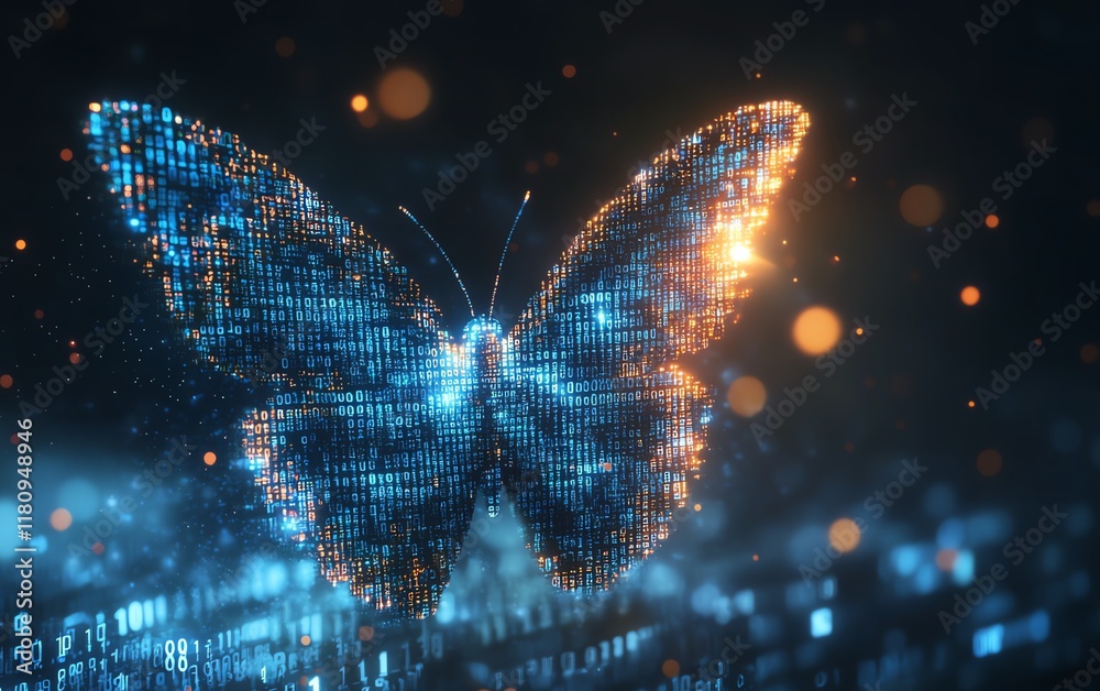 Fototapete Hyperrealistic digital transformation concept, pixelated butterfly flying out of binary code, symbolizing the evolution of technology and business, futuristic aesthetic