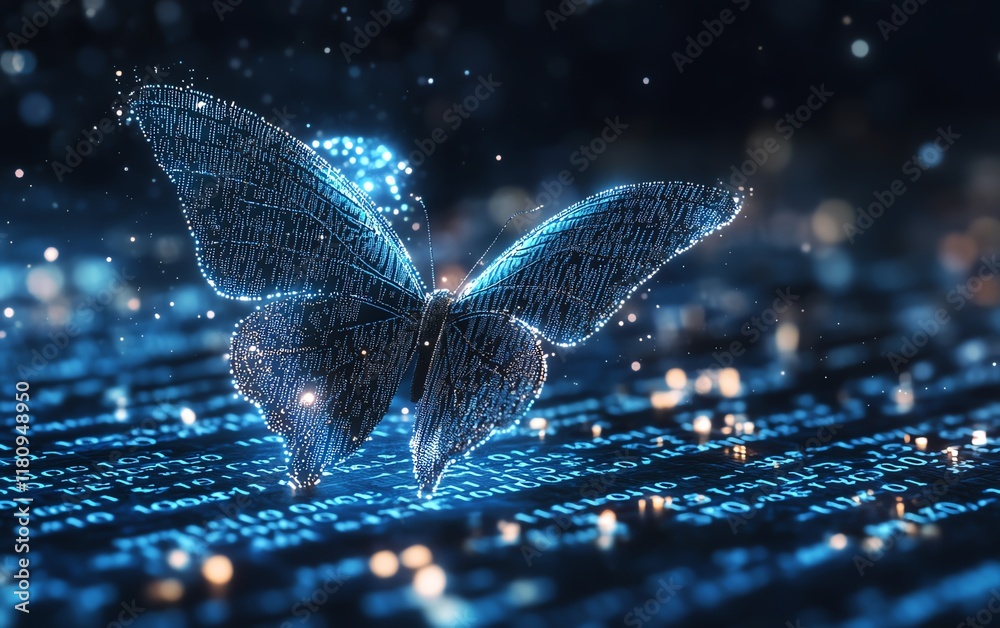 Leinwandbilder Pixelated butterfly emerging from binary code, representing digital transformation, hyperrealistic depiction of technological and business evolution, futuristic themes