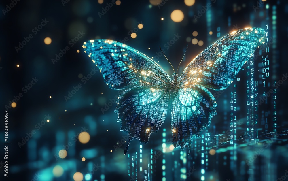 Fototapete pixelated butterfly emerging from binary code, representing digital transformation, hyperrealistic d