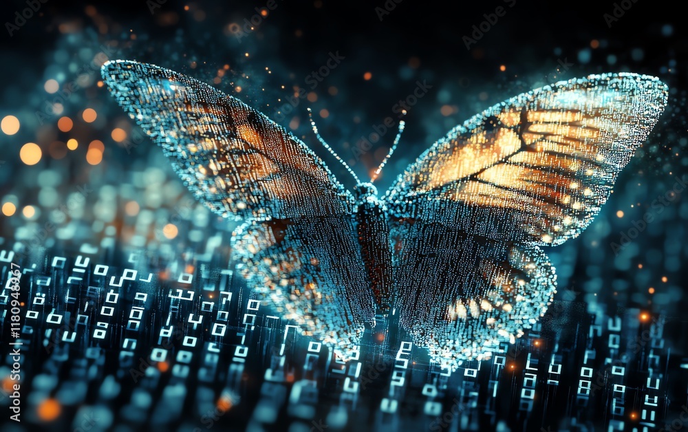 Fototapete pixelated butterfly emerging from binary code, representing digital transformation, hyperrealistic d