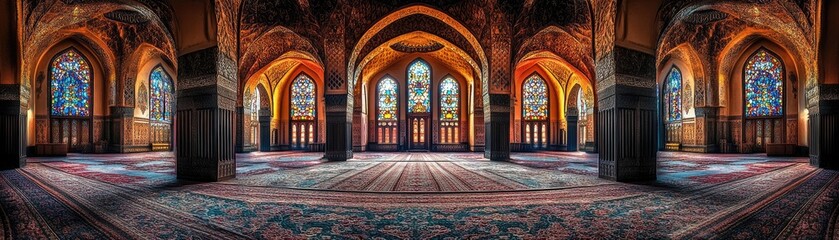 Obraz premium A beautifully designed interior space with stained glass windows and ornate architecture.