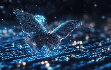 Pixelated butterfly emerging from binary code, representing digital transformation, hyperrealistic depiction of technological and business evolution, futuristic themes