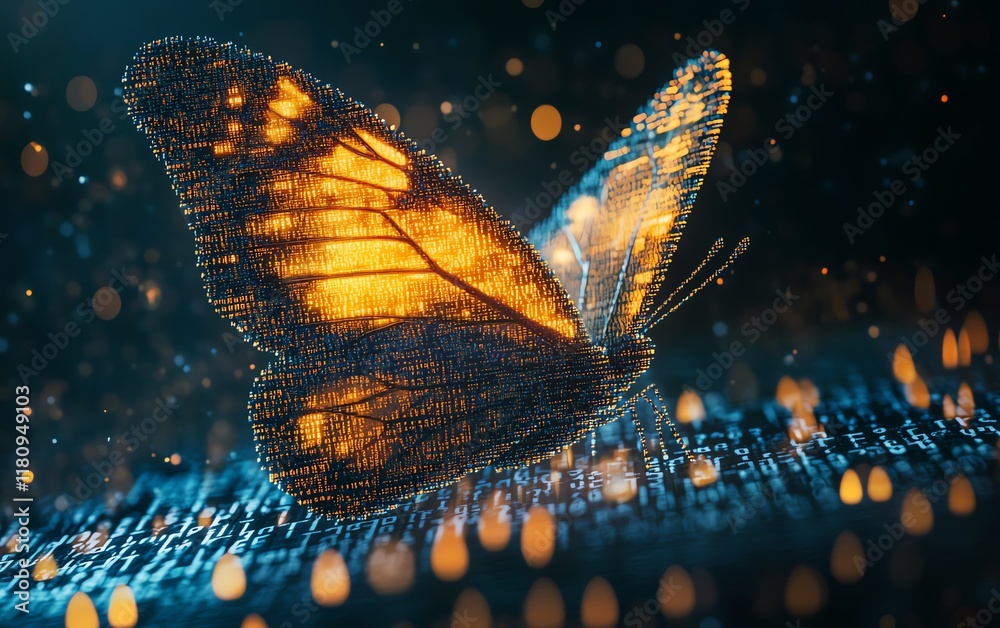 Fototapete pixelated butterfly emerging from binary code, representing digital transformation, hyperrealistic d