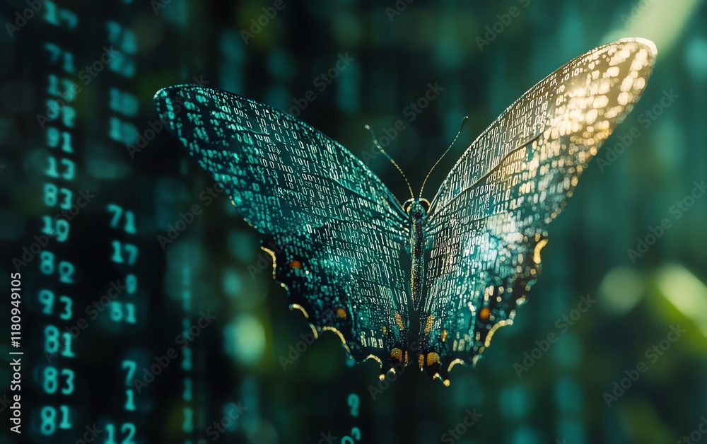 Fototapete Pixelated butterfly emerging from binary code, representing digital transformation, hyperrealistic depiction of technological and business evolution, futuristic themes