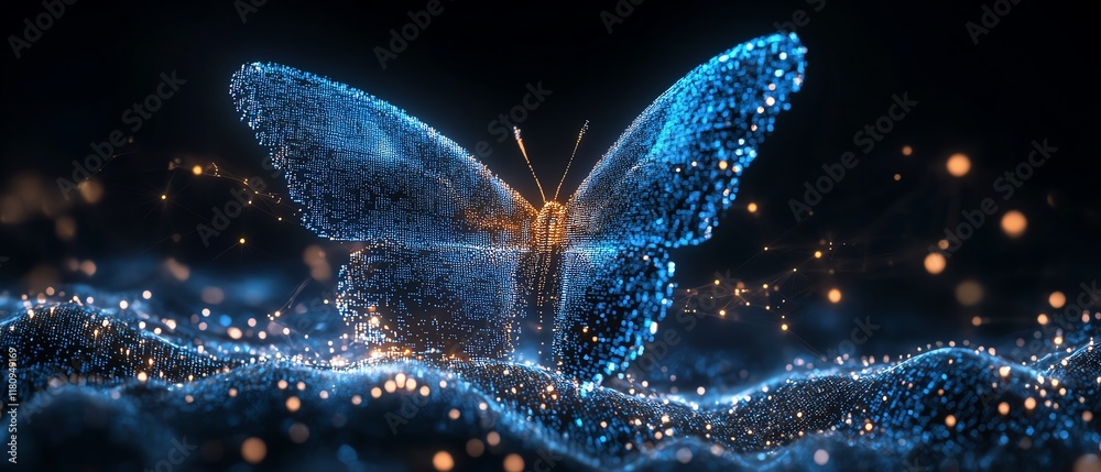 Poster The evolution of technology and business, pixelated butterfly emerging from binary code, hyperrealistic digital transformation concept, modern, futuristic visual