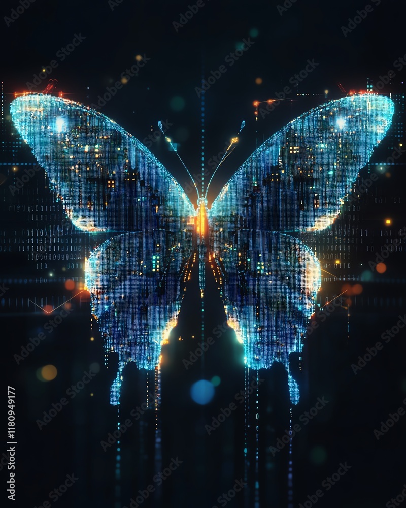 Fototapete The concept of digital transformation, pixelated butterfly rising from binary code, hyperrealistic symbol of technological change and business innovation, modern design