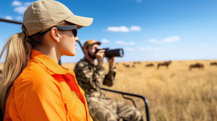 Exploring savannah, woman in orange and man with binoculars enjoy wildlife