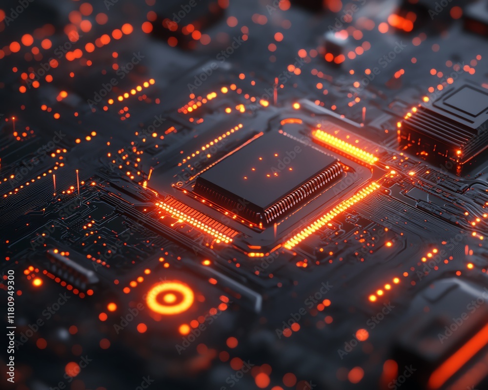 Poster Ultrarealistic closeup of abstract technology with glowing circuits and finely detailed components on an intricate circuit board