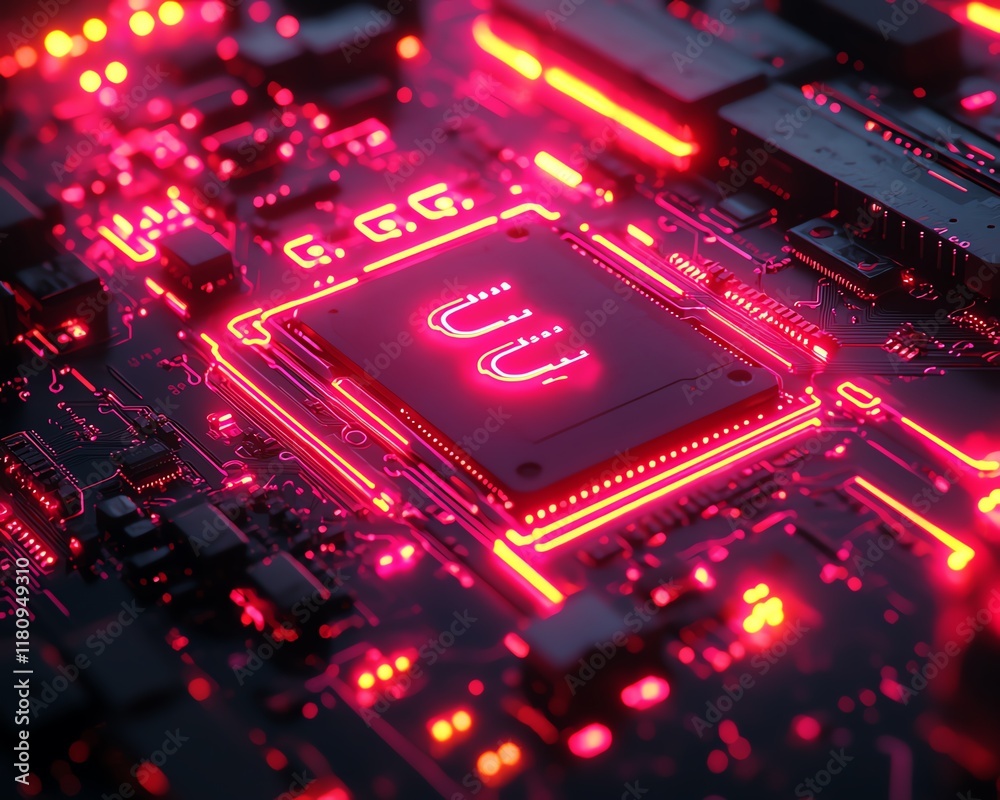 Aufkleber Ultrarealistic closeup of abstract technology with glowing circuits and finely detailed components on an intricate circuit board