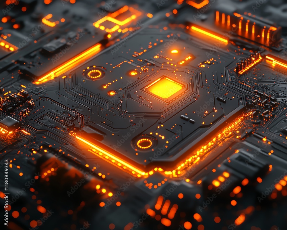 Aufkleber Ultrarealistic closeup of abstract technology with glowing circuits and finely detailed components on an intricate circuit board