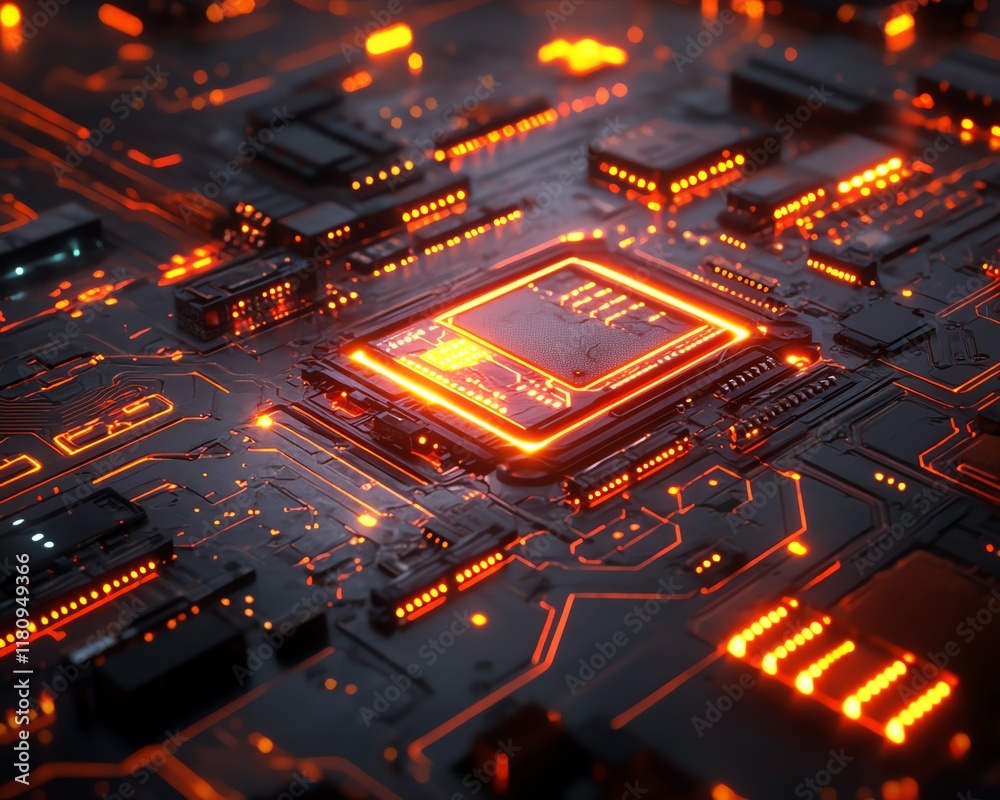 Aufkleber Ultrarealistic closeup of abstract technology with glowing circuits and finely detailed components on an intricate circuit board