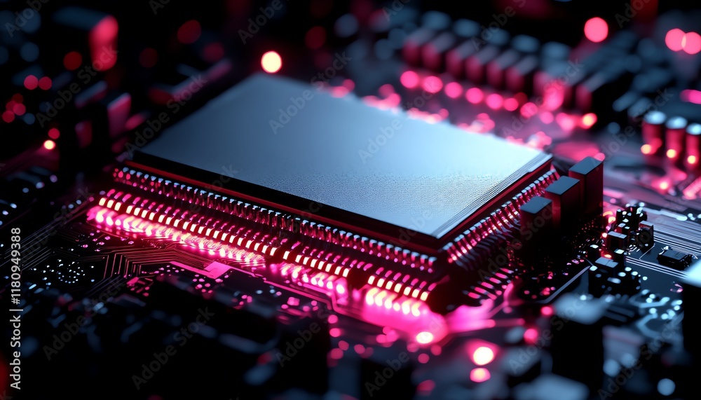Fototapete abstract circuitry, intricate network of glowing electronic components on a hyperrealistic circuit b
