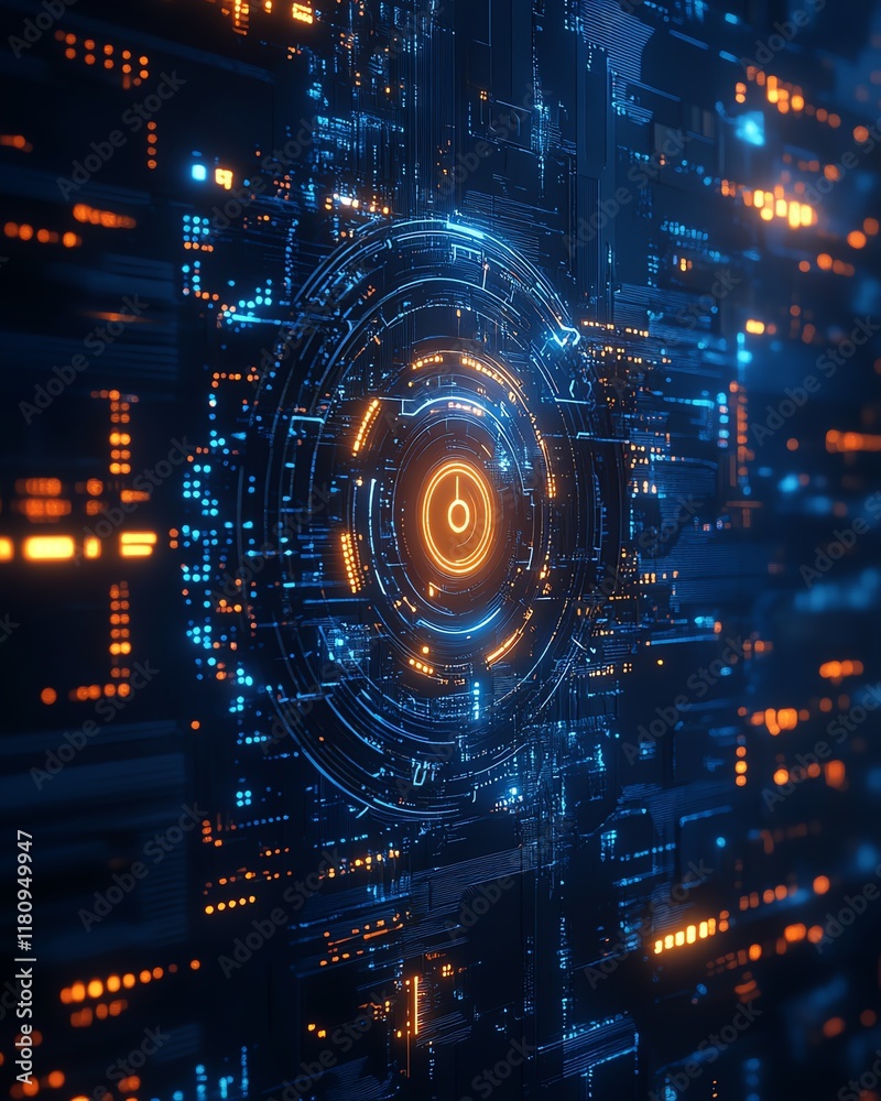 Aufkleber Blue digital technology background, mechanical elements and circuits, hyperrealistic design, glowing neon patterns, futuristic digital textures and reflections