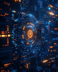 Fototapeta premium Blue digital technology background, mechanical elements and circuits, hyperrealistic design, glowing neon patterns, futuristic digital textures and reflections