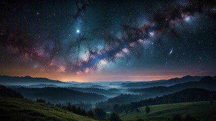 Naklejka premium Mysteriöse Weltraumlandschaft mit leuchtenden Nebeln, fernen Planeten und kosmischen Strukturen - eine faszinierende Reise durch unbekannte Galaxien