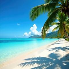 Dark palm shadow stretches over bright blue sea, tropical climate, vibrant, leaves