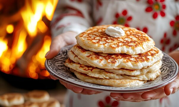 Cultural Feast, A person in vibrant traditional attire savoring blin, showcasing rich heritage and culinary delight in a festive atmosphere