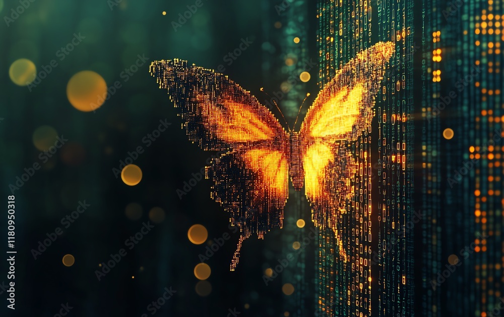 Poster Digital transformation, pixelated butterfly flying out from binary code, symbolizing technology and business evolution, hyperrealistic digital art representation