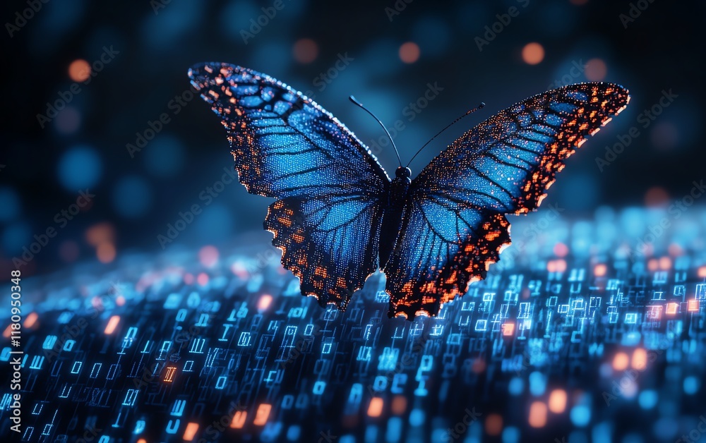 Fototapete digital transformation, pixelated butterfly flying out from binary code, symbolizing technology and 
