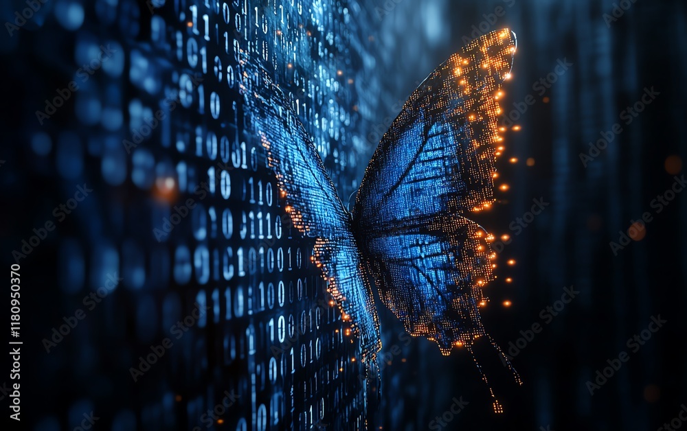 Leinwandbilder Digital transformation, pixelated butterfly flying out from binary code, symbolizing technology and business evolution, hyperrealistic digital art representation