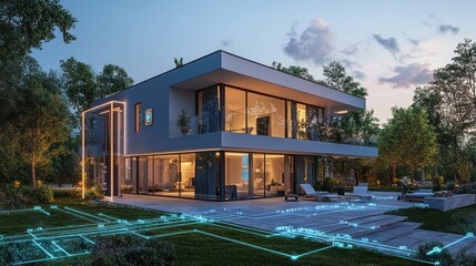 Smart home technology network dusk exterior design