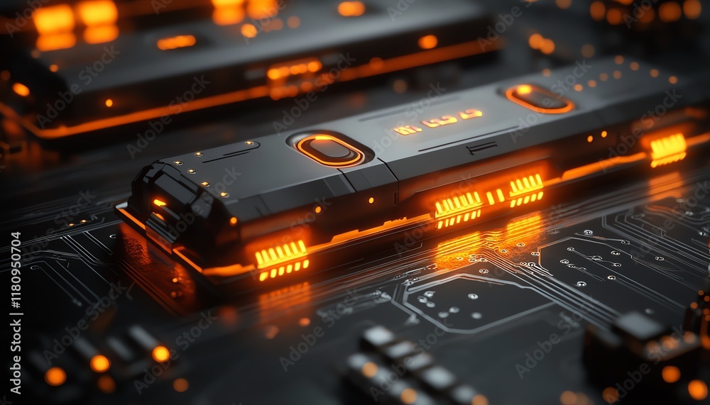 Aufkleber Glowing abstract circuitry design on a futuristic circuit board, with hyperrealistic lighting and precision detailing of electronic components